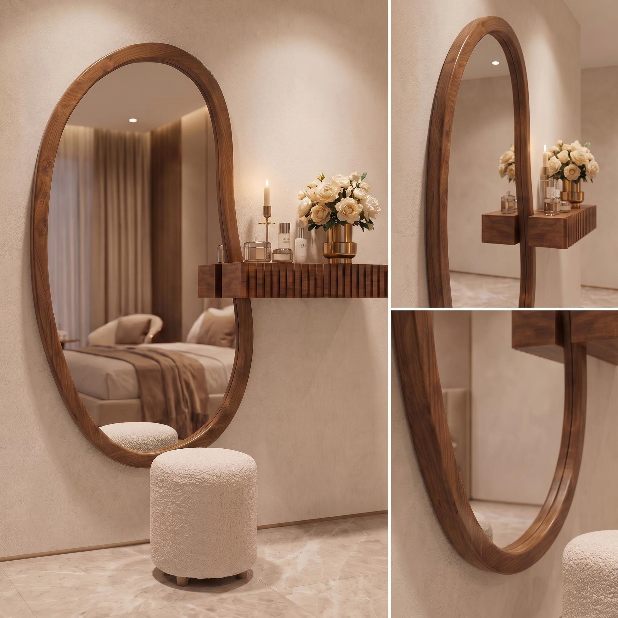 Oval Floor Mirror, Fluted Side Shelf & Embossed Stool Dressing Set | Bay Furniture