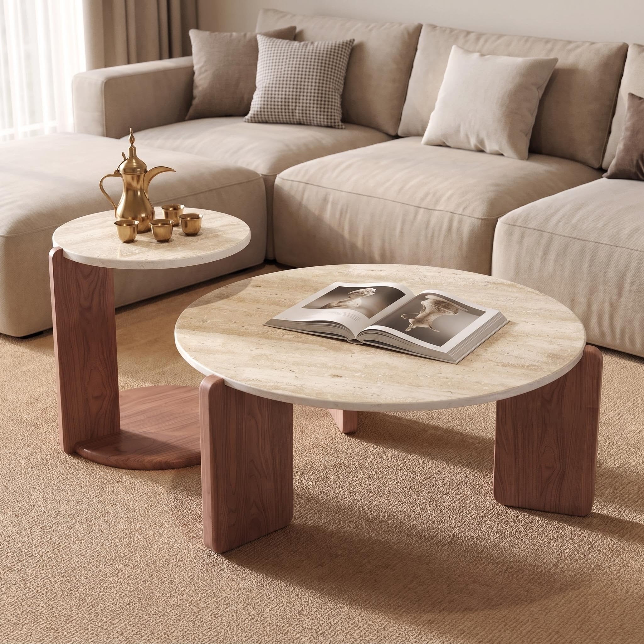 Bay Furniture Travertine Round Coffee & Side Table Set with Arch-Leg Walnut Base