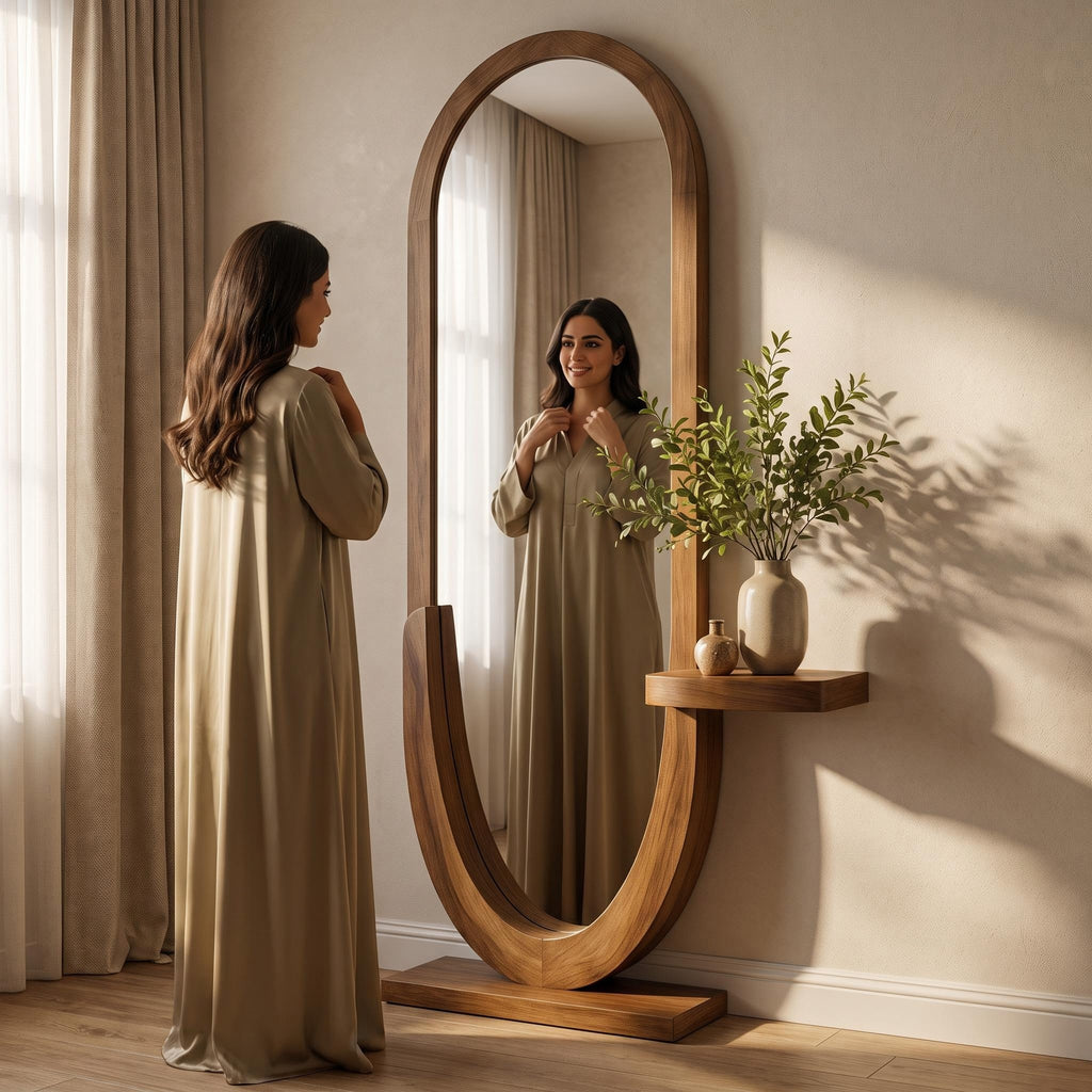 Bay Furniture Oval Standing Floor Mirror with Side Shelf