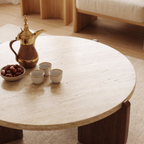 Bay Furniture Travertine Round Coffee Table & Walnut Side Table Set with Arch-Panel Base