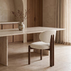Bay Furniture Round-Back Bouclé Dining Chair with Walnut Cylinder Legs
