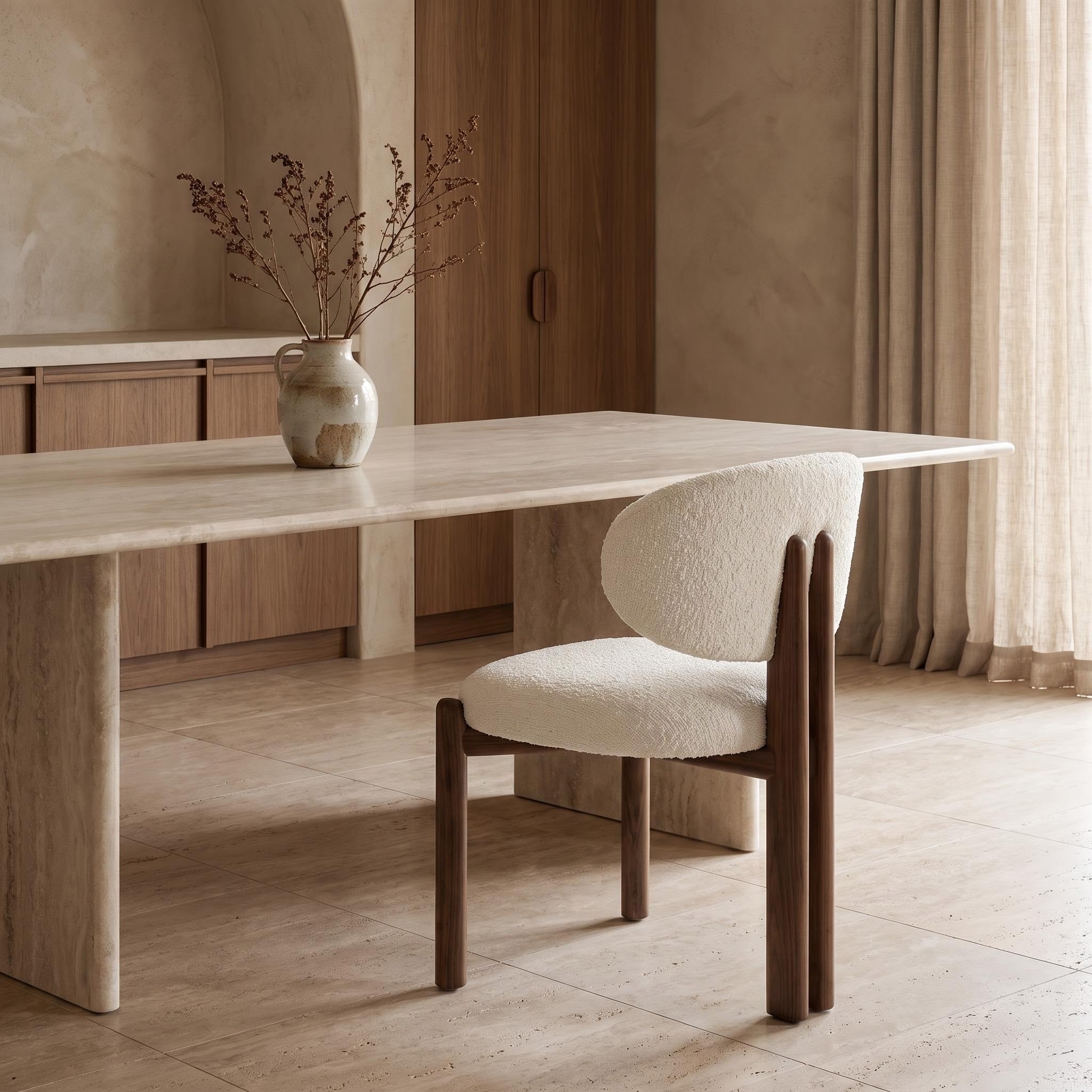 Bay Furniture Round-Back Bouclé Dining Chair with Walnut Cylinder Legs