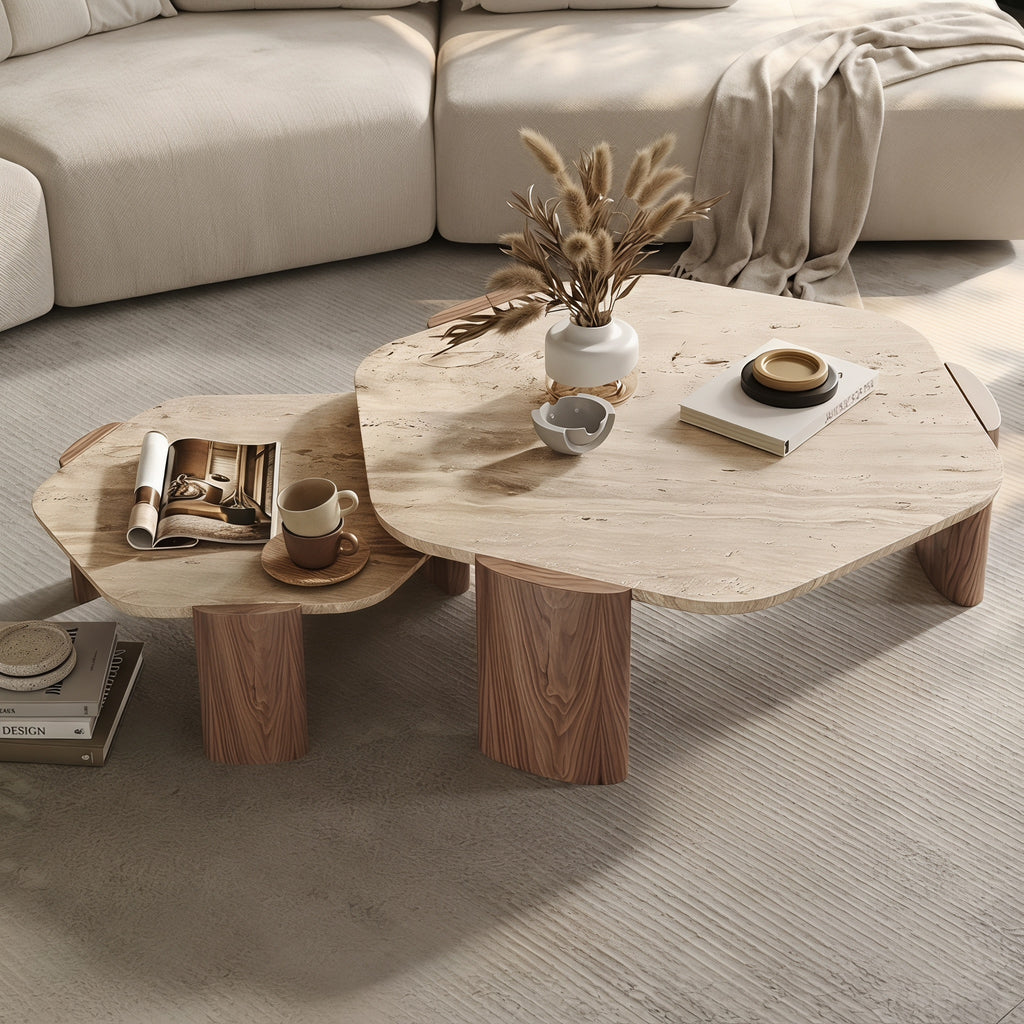 Bay Furniture Travertine Pebble-Form Nesting Coffee Table Set with Walnut Cylinder Legs