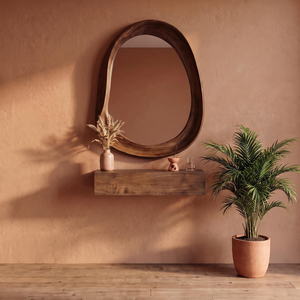 Organic Mirror, Floating Shelf & Stool Set – Walnut | Bay Furniture