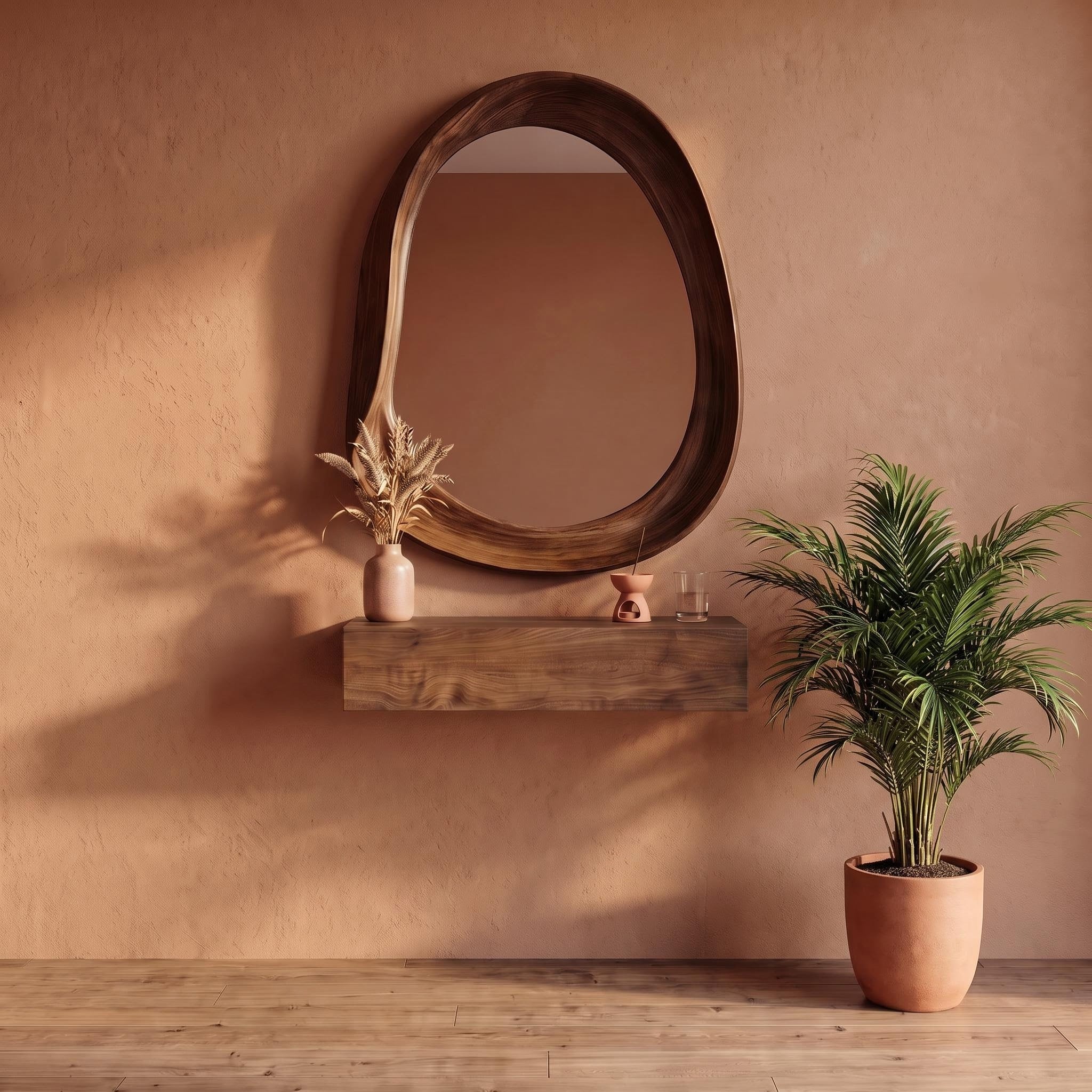 Organic Mirror, Floating Shelf & Stool Set – Walnut | Bay Furniture
