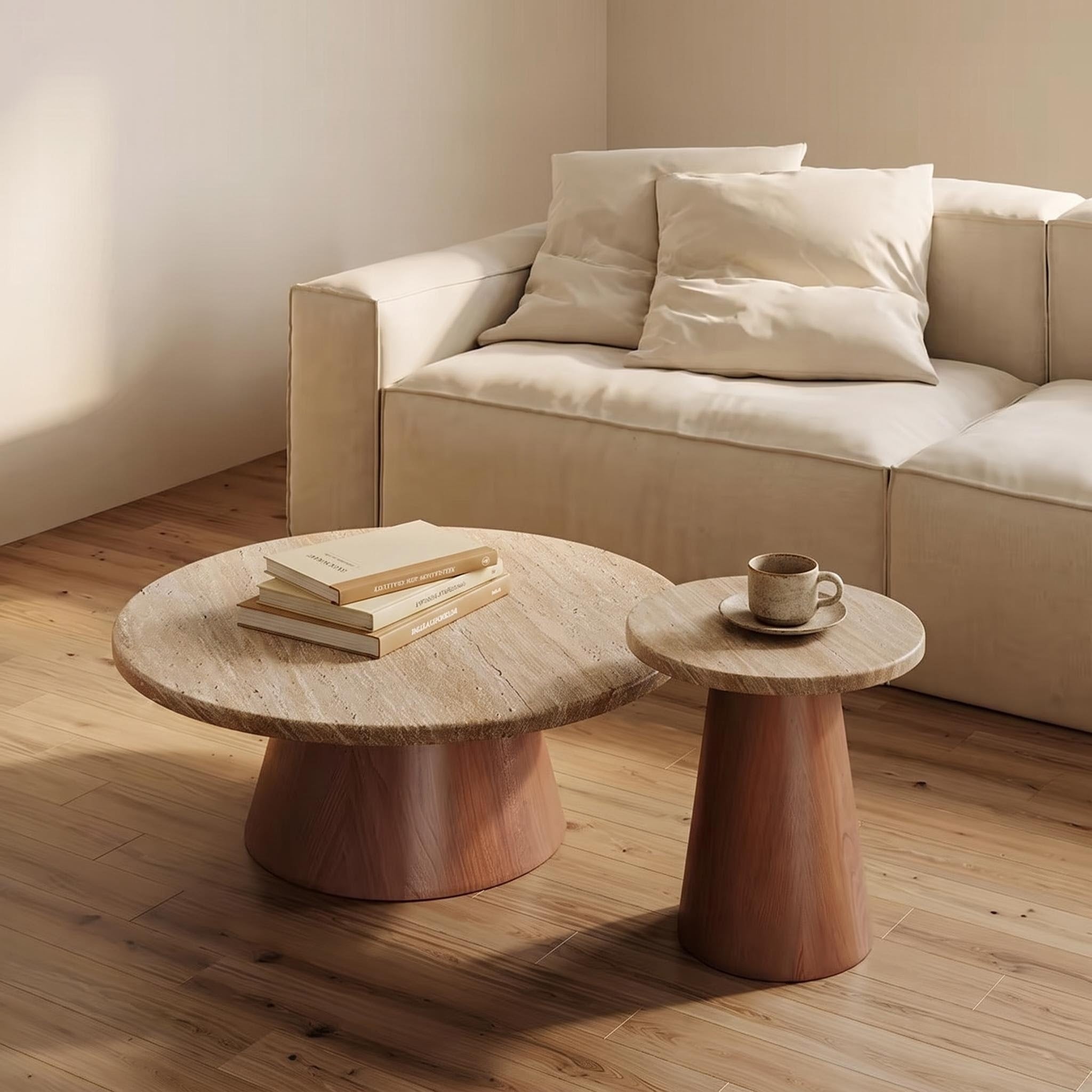 Bay Furniture Travertine Round Coffee & Side Table Set with Walnut Cone Pedestal