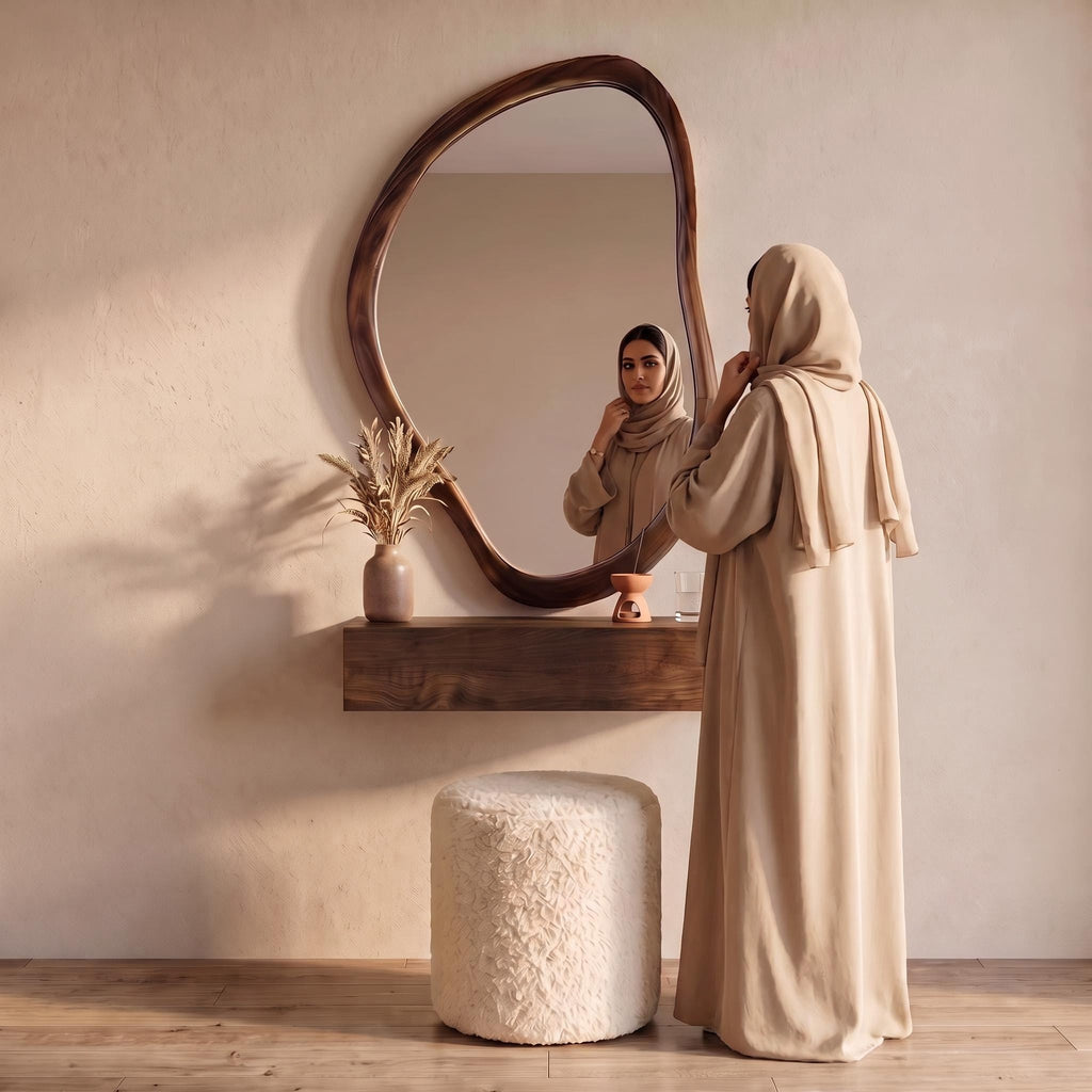 Organic Wall Mirror, Floating Shelf & Bouclé Stool Dressing Set – Walnut | Bay Furniture