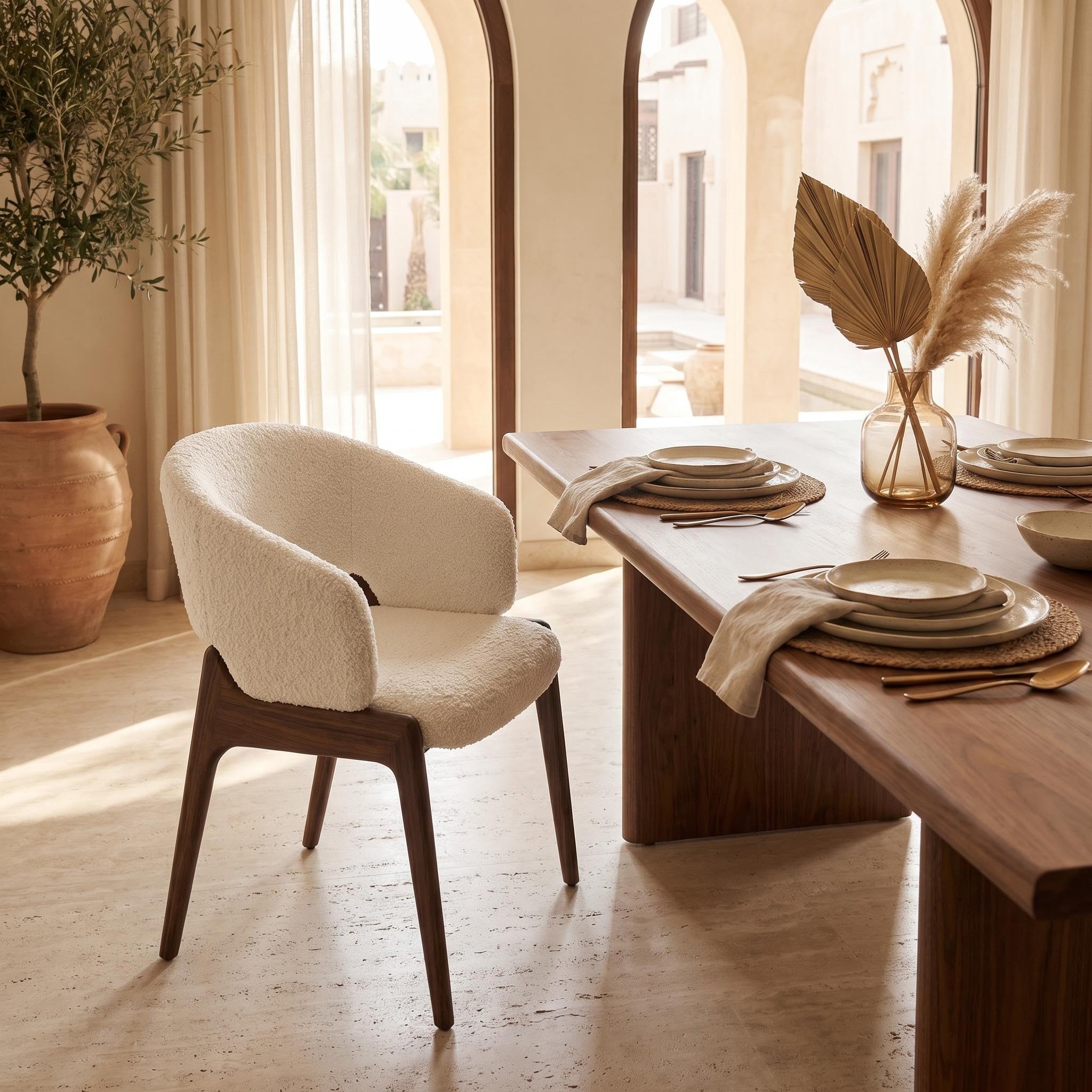 Bay Furniture U-Shell Bouclé & Shaggy Dining Chair with Walnut Legs