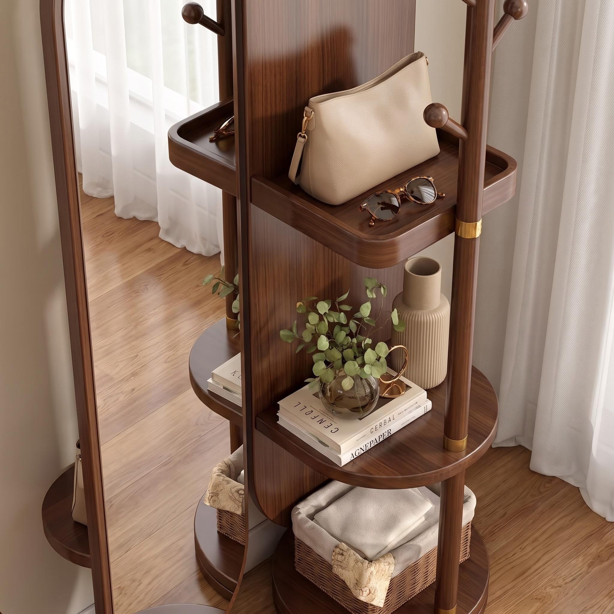 Bay Furniture Rotating Oval Mirror with Coat Rack & Shelves