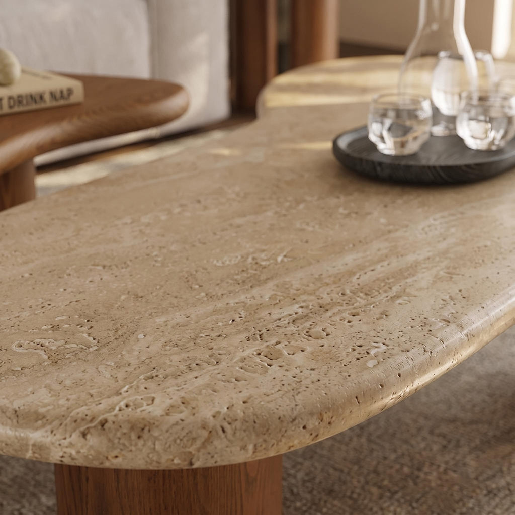 Bay Furniture Cloud-Form Travertine & Walnut Nesting Coffee Table Set