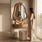 Bay Furniture Organic-Mirror Wall-Mounted Dressing Table Set with Bouclé Stool