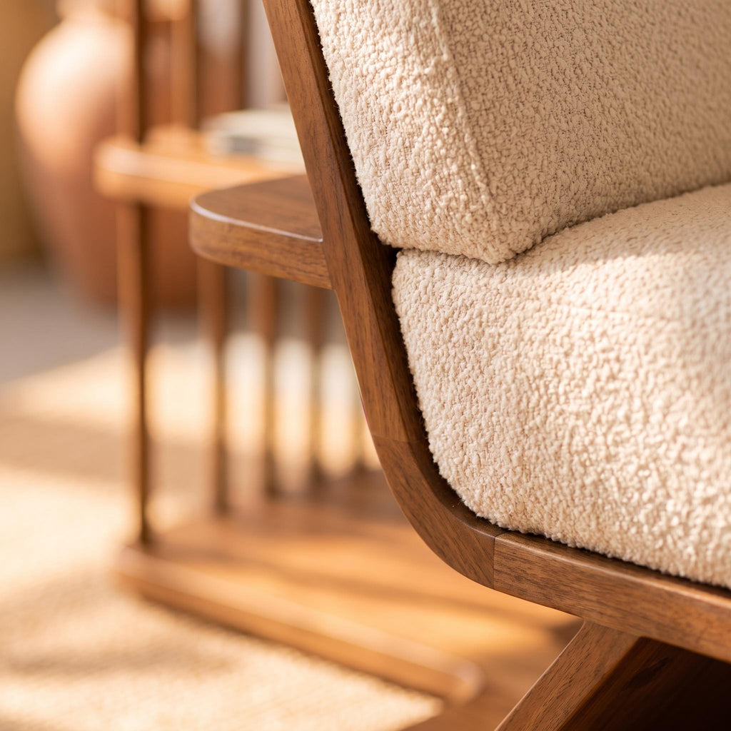 Bay Furniture Bouclé Storage Bench with Integrated Walnut Shelf Unit