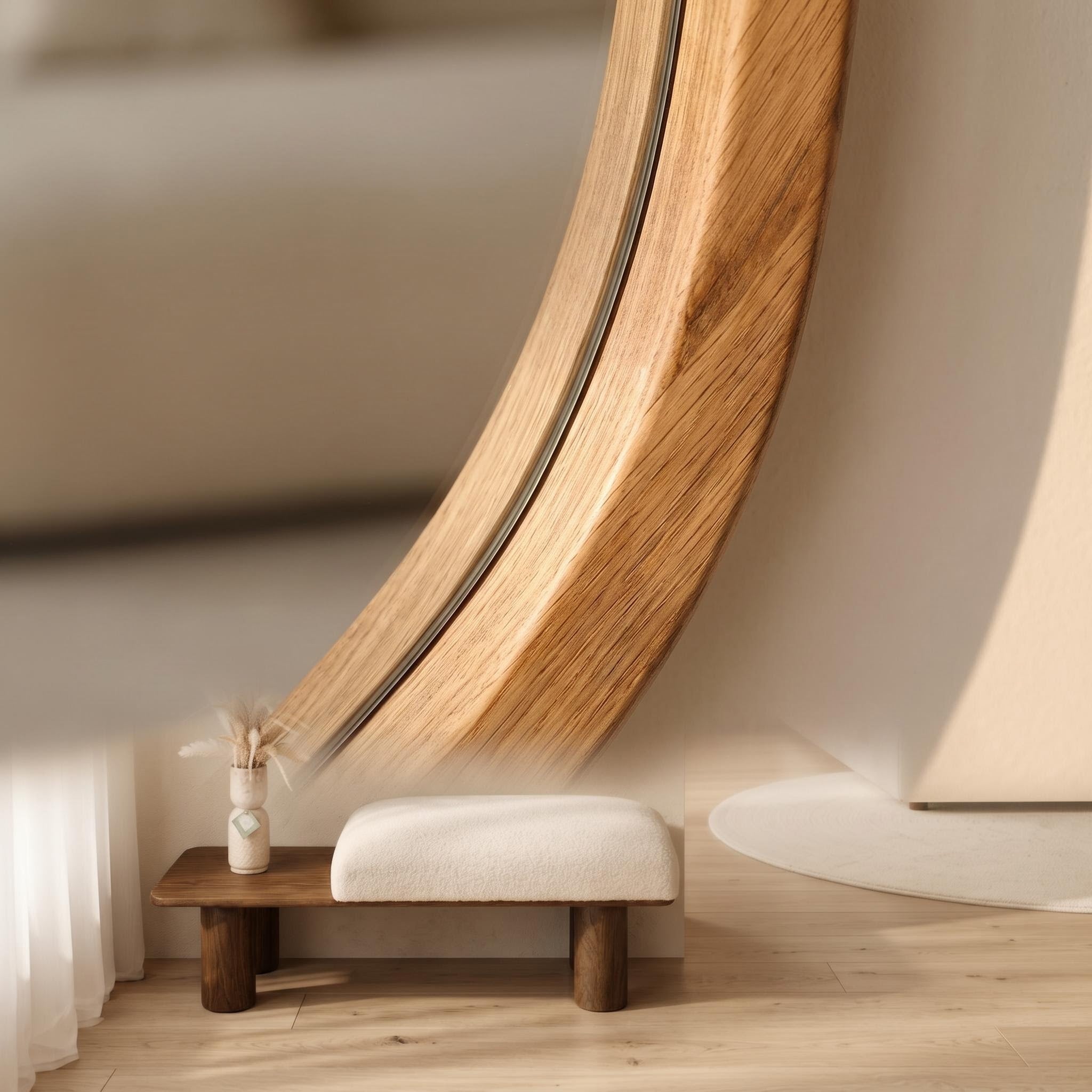 Organic Mirror & Walnut Bench Set – Bouclé Cushion | Bay Furniture
