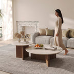 Bay Furniture Round Stone Nesting Coffee Table Set with Cross-Base Walnut Pedestals