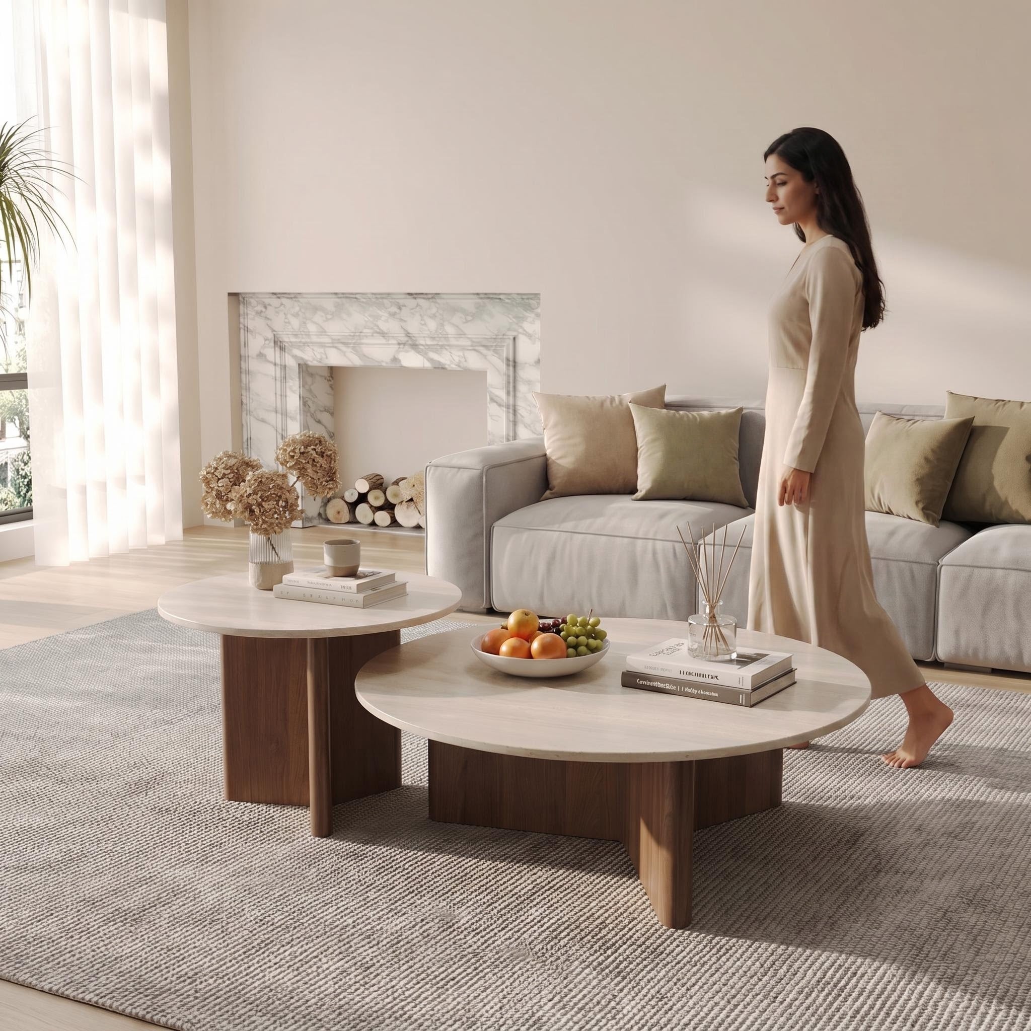 Bay Furniture Round Stone Nesting Coffee Table Set with Cross-Base Walnut Pedestals