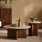 Bay Furniture Travertine Round Coffee & Side Table Set with Wide Cross-Panel Walnut Base