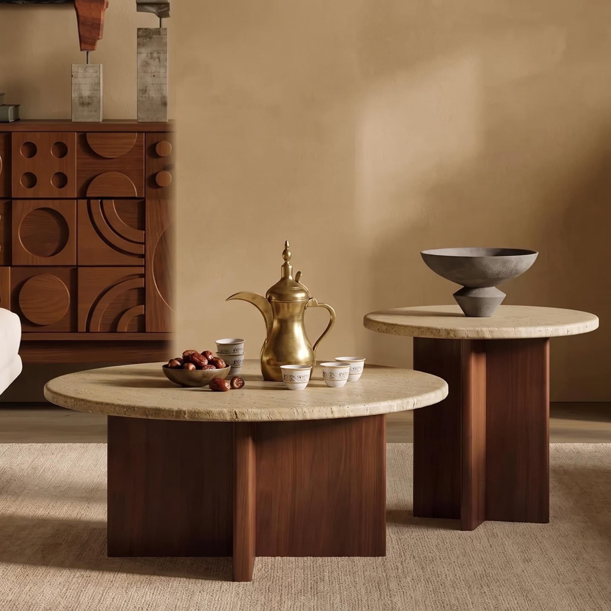 Bay Furniture Travertine Round Coffee & Side Table Set with Wide Cross-Panel Walnut Base