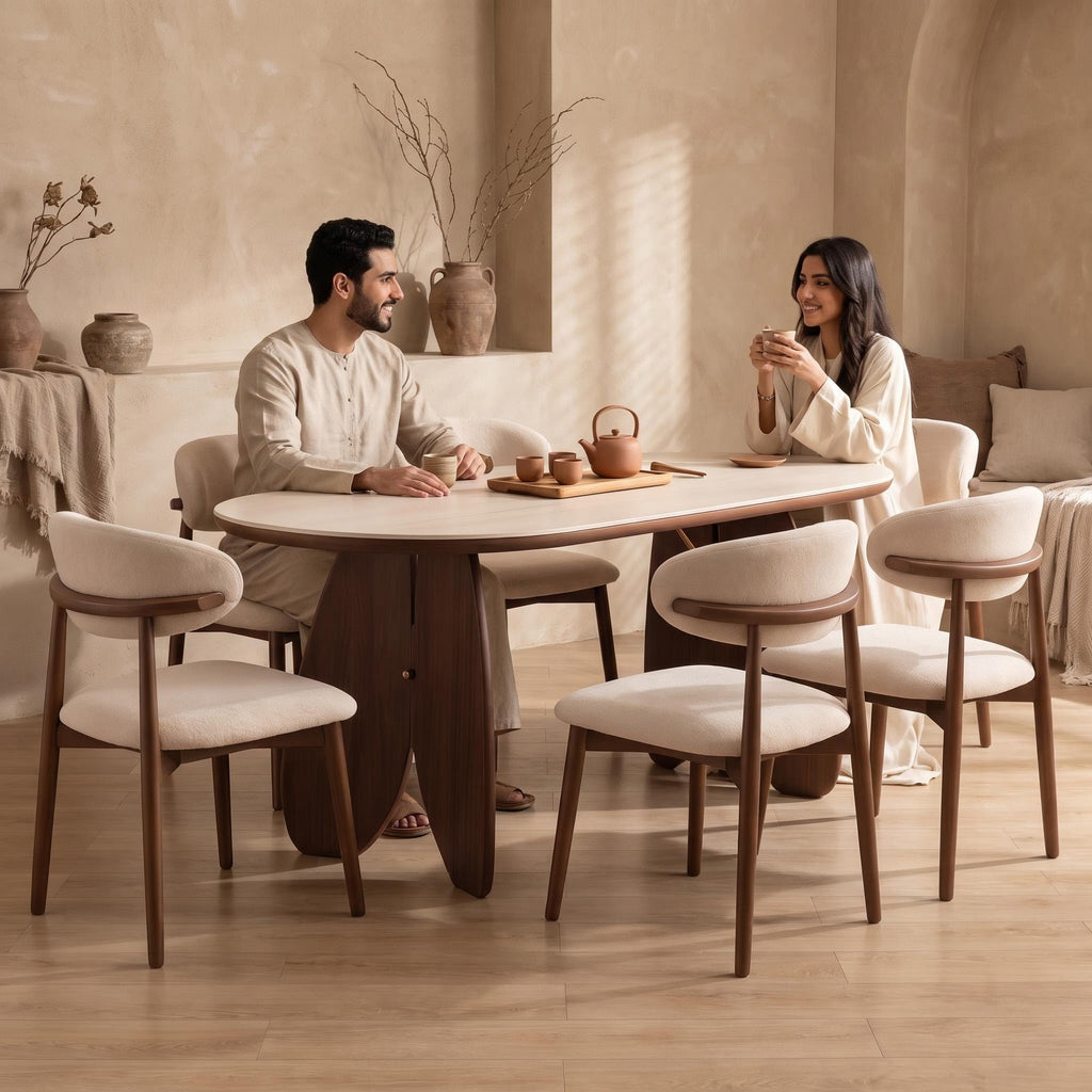 Bay Furniture Oval Stone Dining Table & Bouclé Chair Set – Petal Base