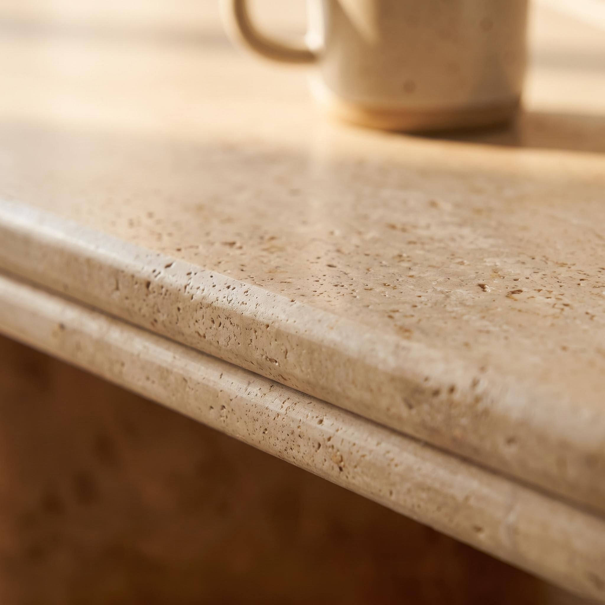 Bay Furniture Travertine Rounded-Rectangle Coffee Table Set with Burl Wood Plinth Base
