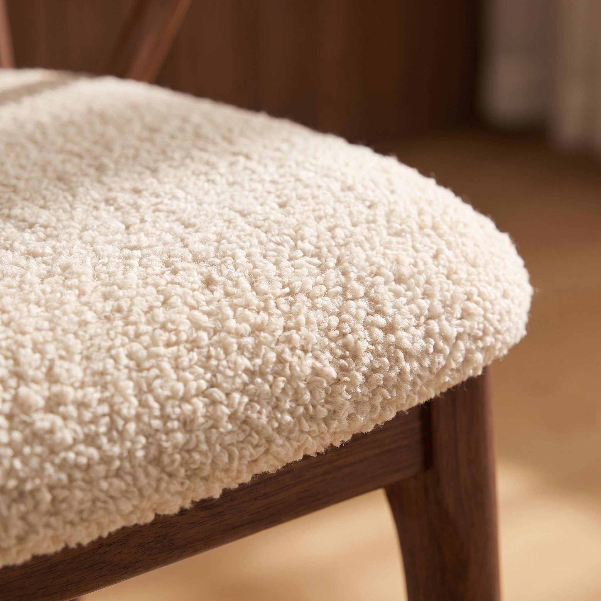 Bay Furniture Oval-Back T-Arm Bouclé Dining Chair with Walnut Frame