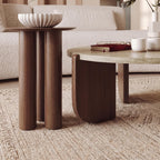 Bay Furniture Travertine Round Coffee Table & Walnut Side Table Set with Arch-Panel Base