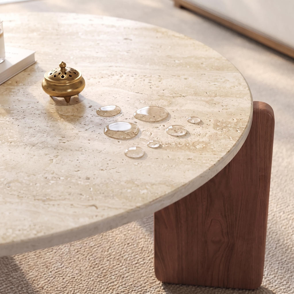 Bay Furniture Travertine Round Coffee & Side Table Set with Arch-Leg Walnut Base