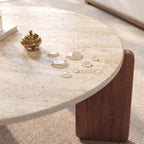 Bay Furniture Travertine Round Coffee & Side Table Set with Arch-Leg Walnut Base