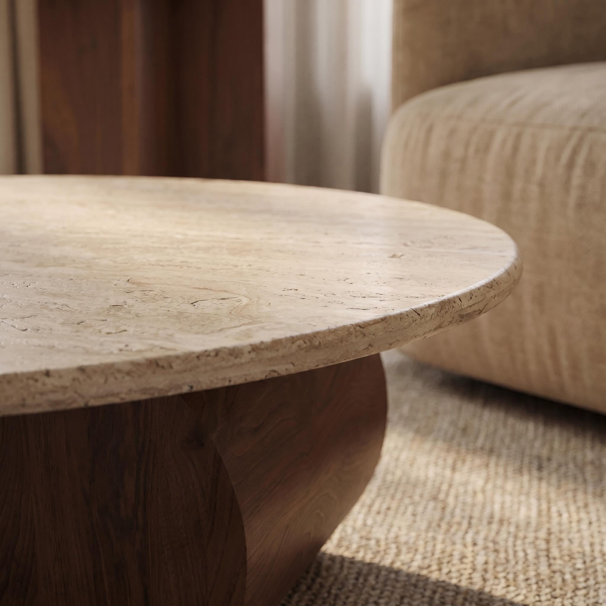 Bay Furniture Travertine Oval Coffee Table & Walnut Drum Side Table Set