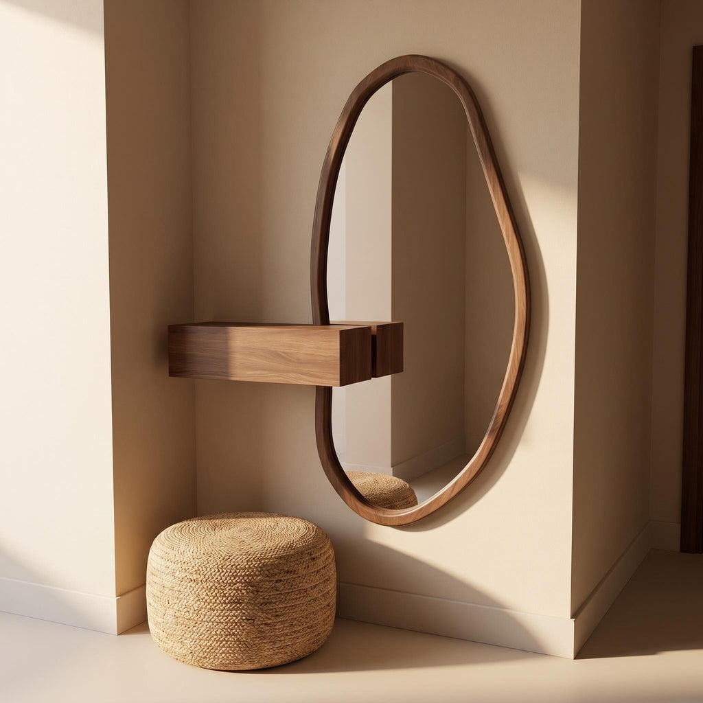 Organic Mirror, Floating Shelf & Stool Set – Walnut | Bay Furniture