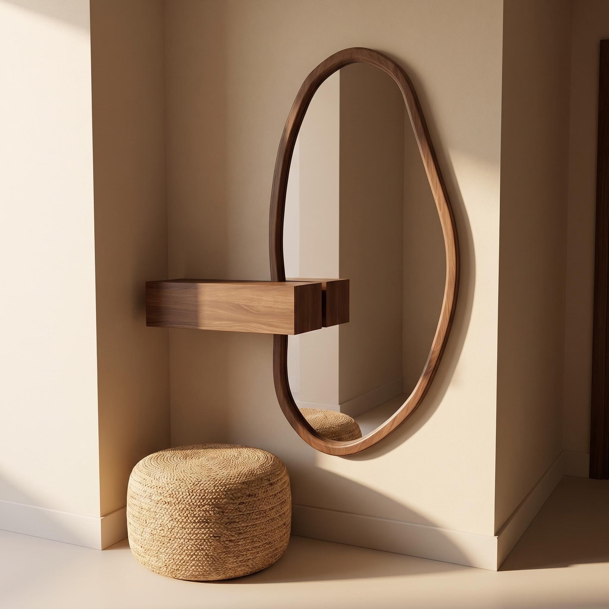 Organic Mirror, Floating Shelf & Stool Set – Walnut | Bay Furniture