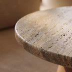 Bay Furniture Travertine Round Coffee & Side Table Set with Walnut Cone Pedestal