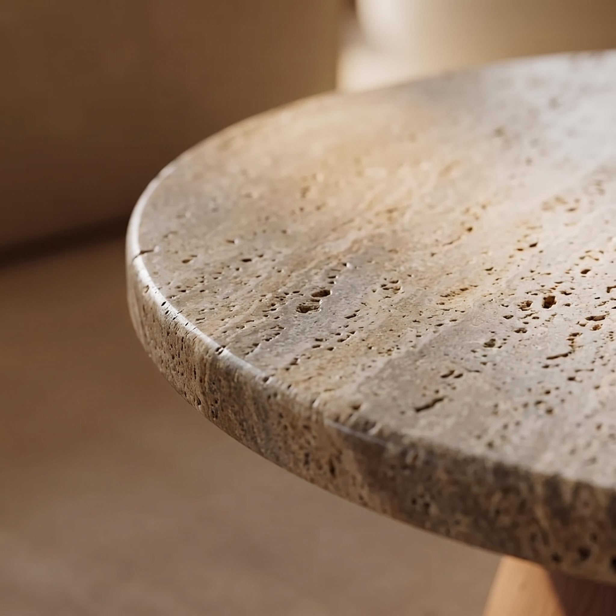 Bay Furniture Travertine Round Coffee & Side Table Set with Walnut Cone Pedestal