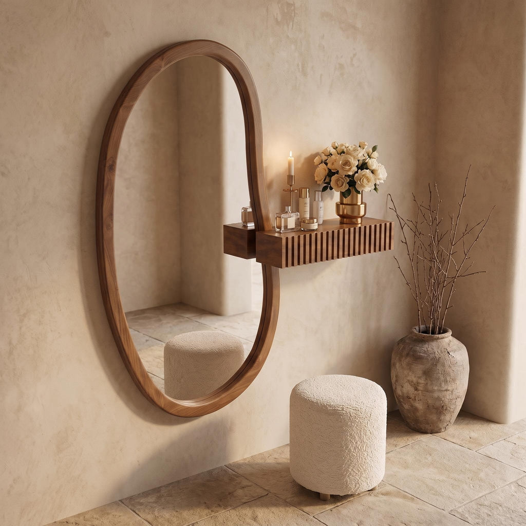 Oval Floor Mirror, Fluted Side Shelf & Embossed Stool Dressing Set | Bay Furniture