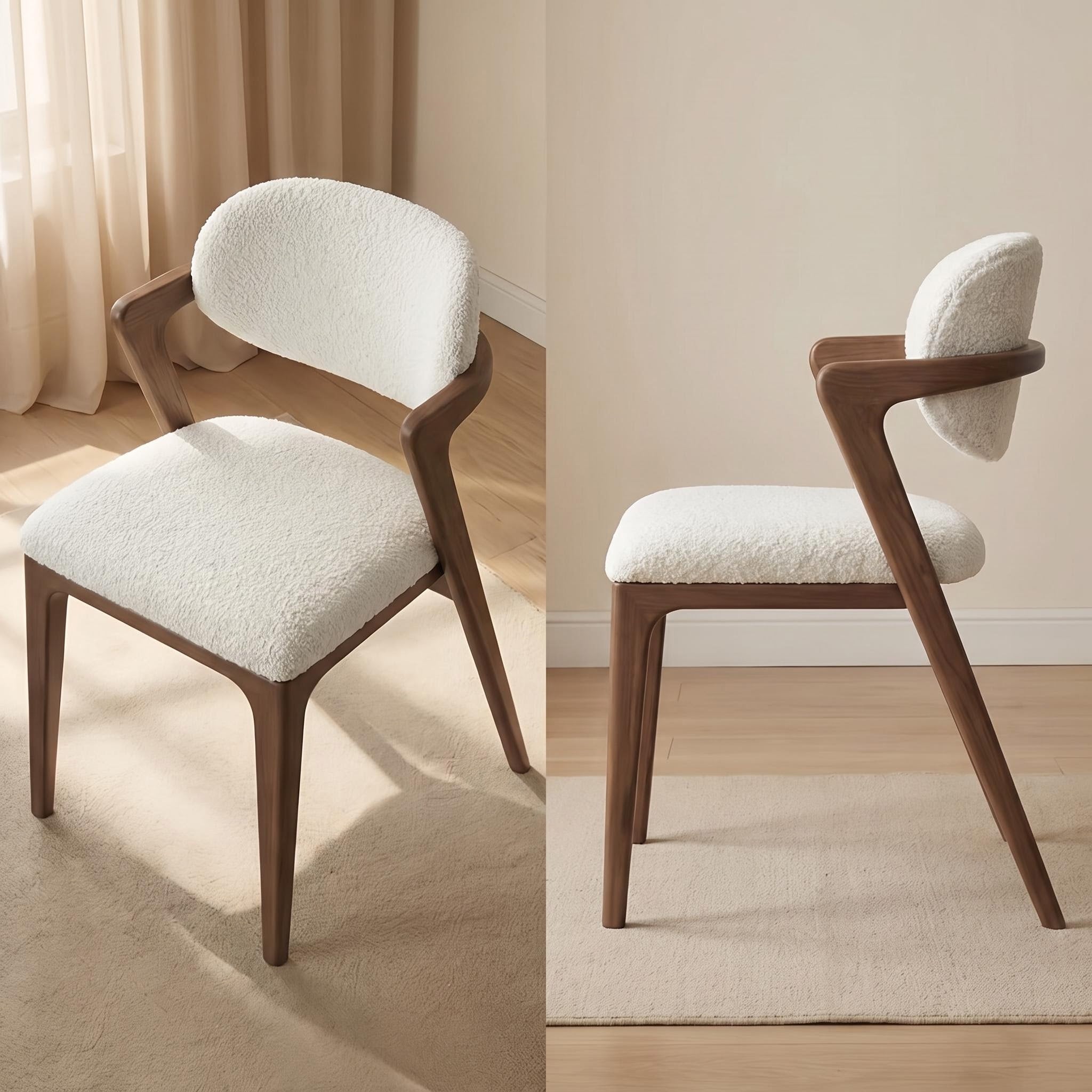 Bay Furniture Triangle-Arm Bouclé Dining Chair with Splayed Walnut Legs