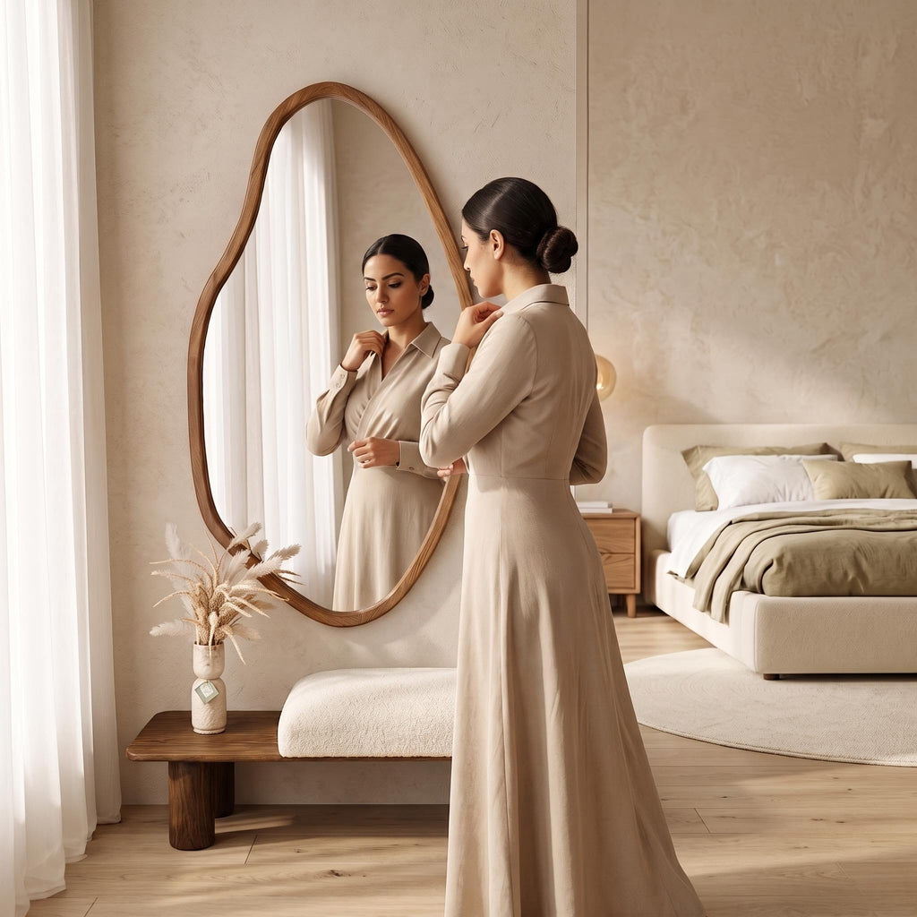 Organic Mirror & Walnut Bench Set – Bouclé Cushion | Bay Furniture