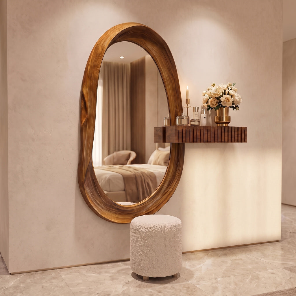 Oval Mirror with Fluted Side Shelf & Bouclé Stool Dressing Set | Bay Furniture