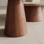 Bay Furniture Travertine Round Coffee & Side Table Set with Walnut Cone Pedestal