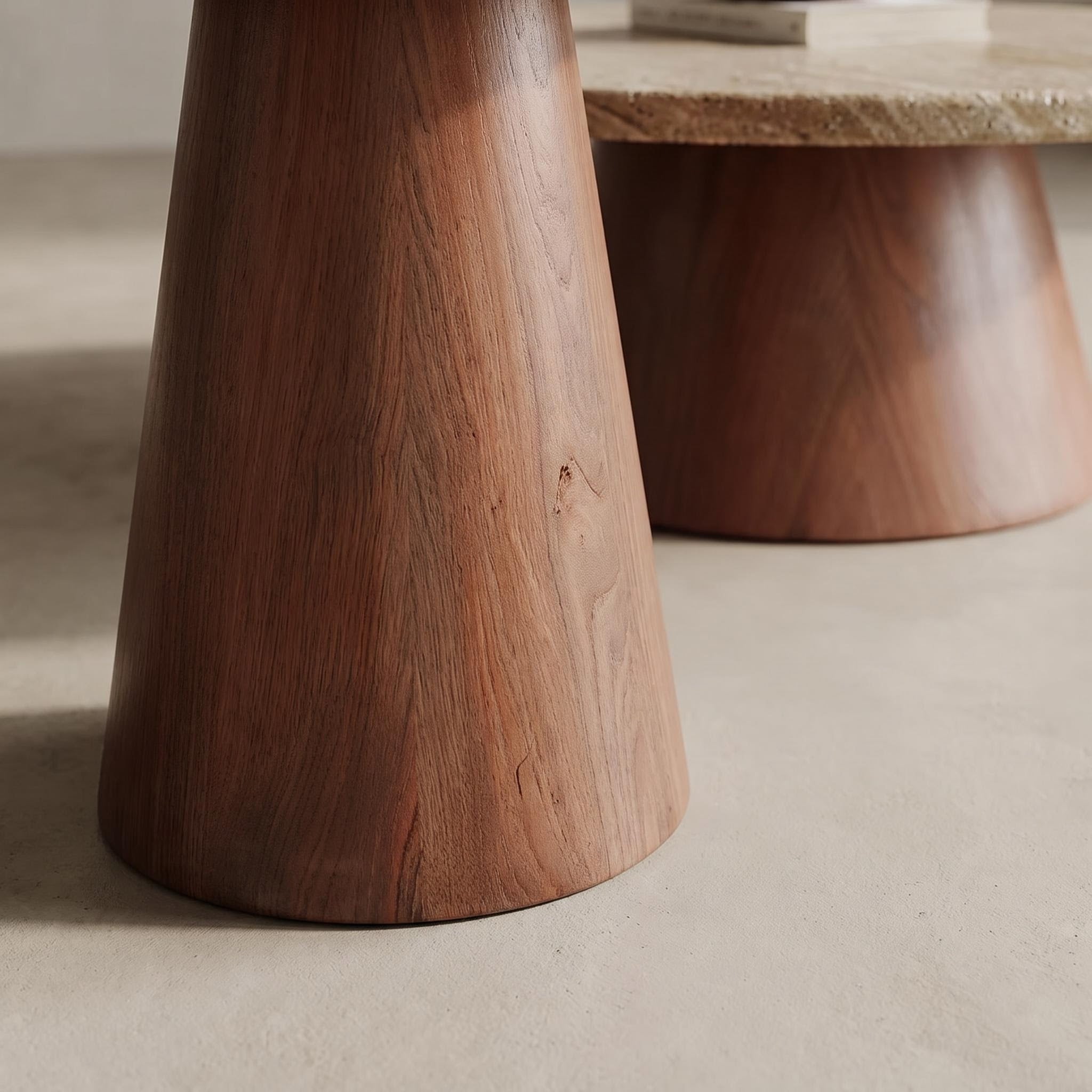Bay Furniture Travertine Round Coffee & Side Table Set with Walnut Cone Pedestal