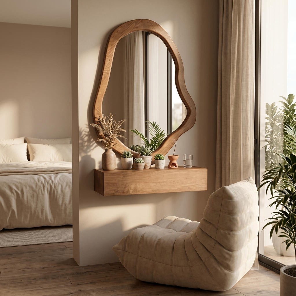 Bay Furniture Organic-Mirror Wall-Mounted Dressing Table Set with Bouclé Stool