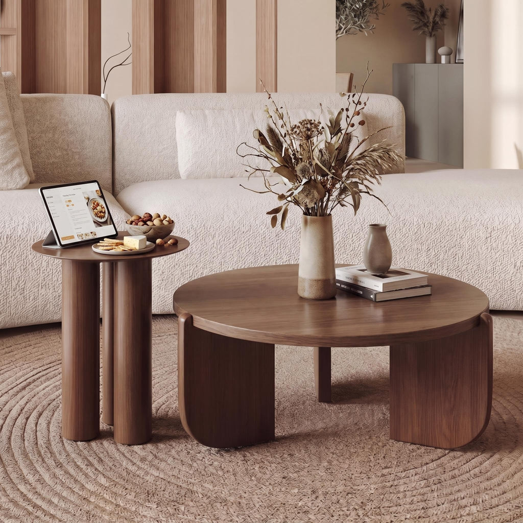 Bay Furniture Travertine Round Coffee Table & Walnut Side Table Set with Arch-Panel Base