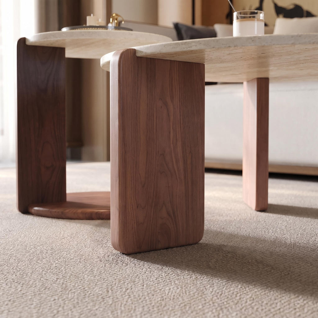 Bay Furniture Travertine Round Coffee & Side Table Set with Arch-Leg Walnut Base