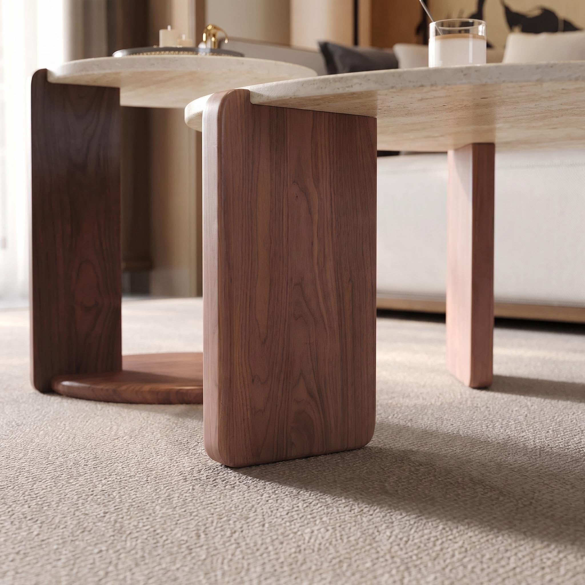 Bay Furniture Travertine Round Coffee & Side Table Set with Arch-Leg Walnut Base
