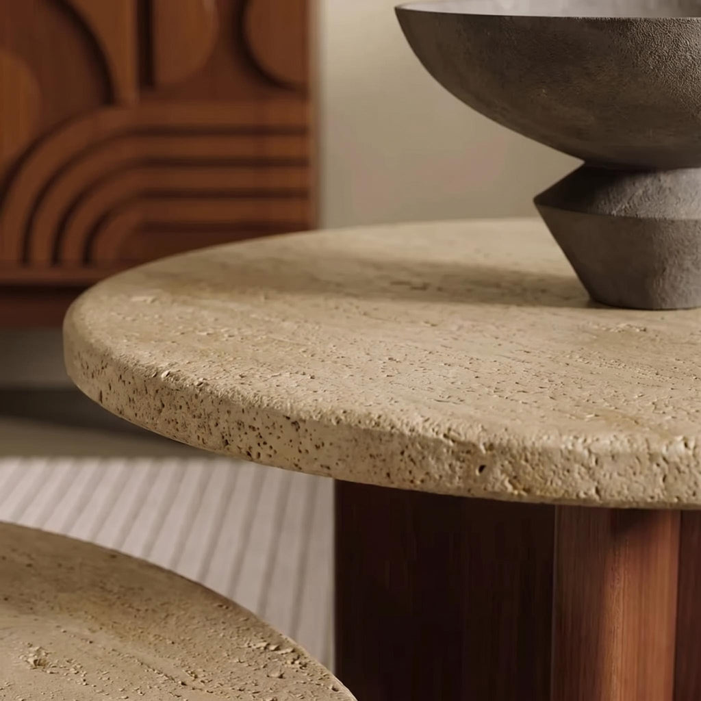 Bay Furniture Travertine Round Coffee & Side Table Set with Wide Cross-Panel Walnut Base