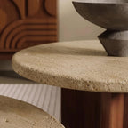 Bay Furniture Travertine Round Coffee & Side Table Set with Wide Cross-Panel Walnut Base