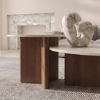 Bay Furniture Round Stone Nesting Coffee Table Set with Cross-Base Walnut Pedestals