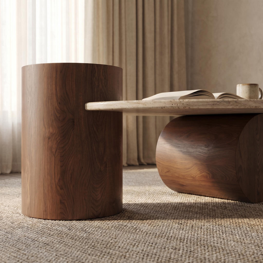 Bay Furniture Travertine Oval Coffee Table & Walnut Drum Side Table Set