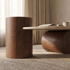 Bay Furniture Travertine Oval Coffee Table & Walnut Drum Side Table Set