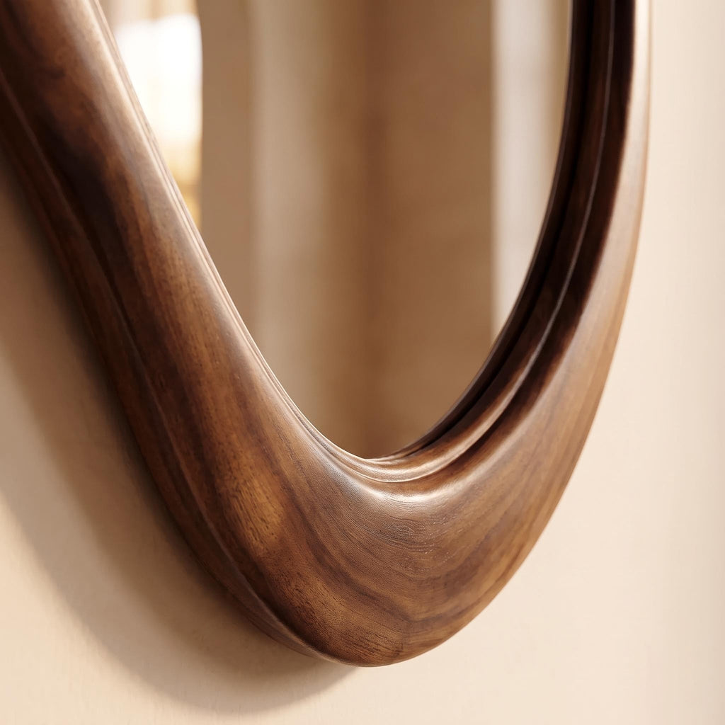 Organic Wall Mirror, Floating Shelf & Bouclé Stool Dressing Set – Walnut | Bay Furniture
