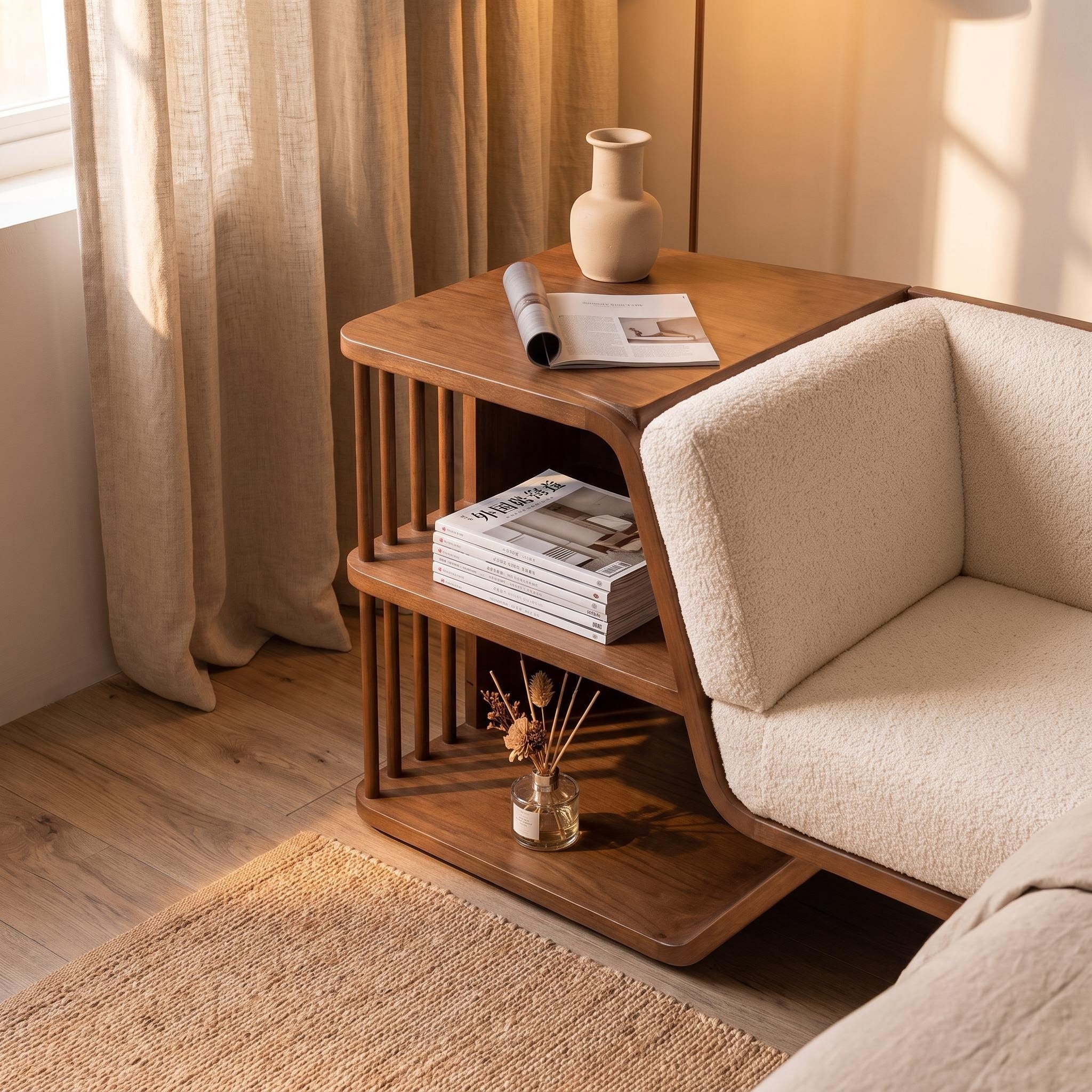 Bay Furniture Bouclé Storage Bench with Integrated Walnut Shelf Unit