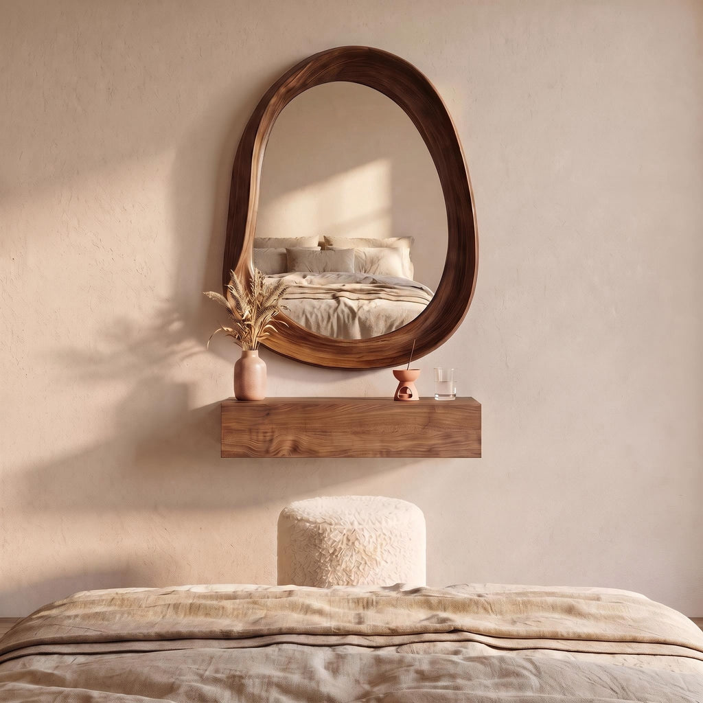 Organic Mirror, Floating Shelf & Stool Set – Walnut | Bay Furniture